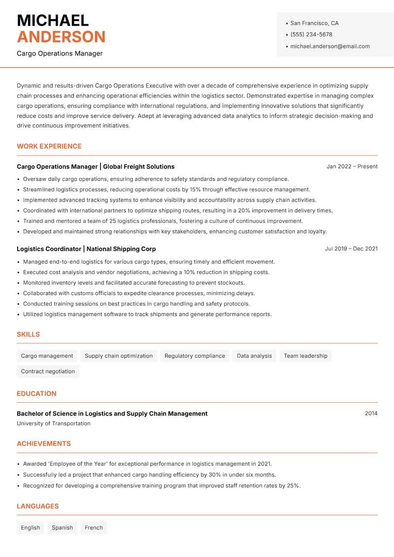 Cargo Operations Executive resume template — Modern Professional