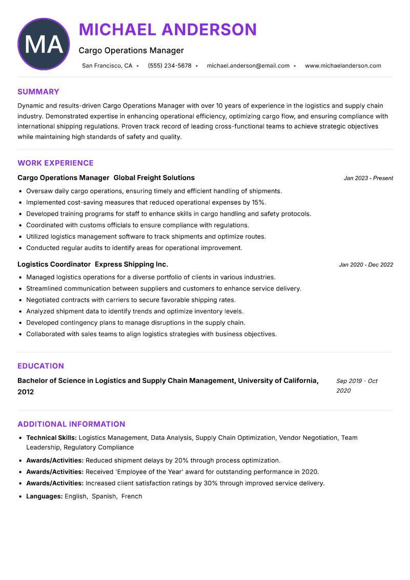 Cargo Operations Manager resume example — ATS-friendly template