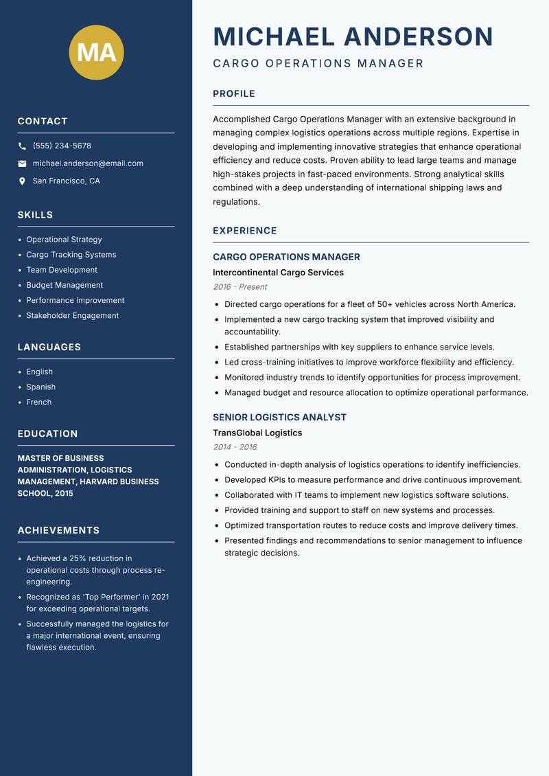 Cargo Operations Manager resume template — Classic Clean
