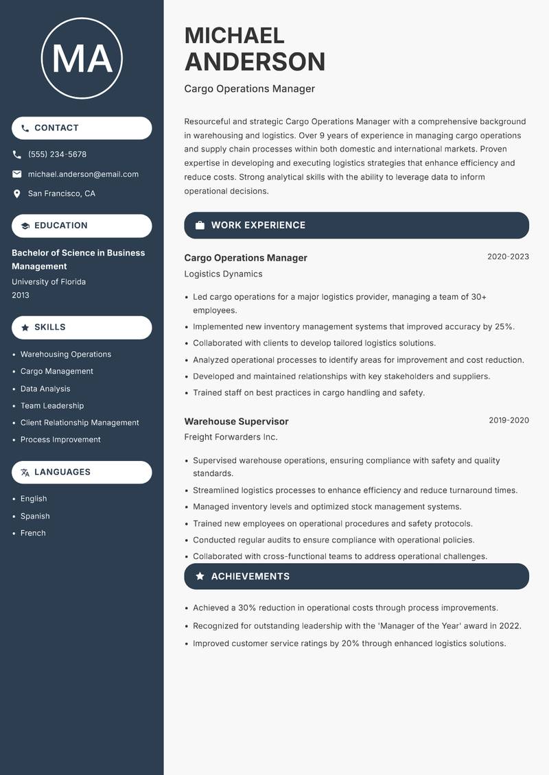 Cargo Operations Manager resume template — Compact