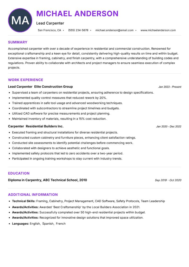 Carpenter resume example — ATS-friendly template