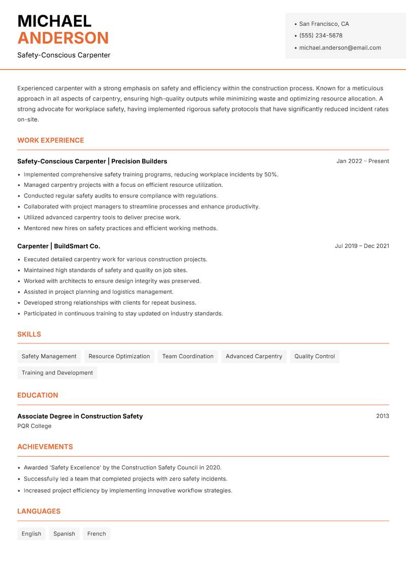 Carpenter resume template — Modern Professional