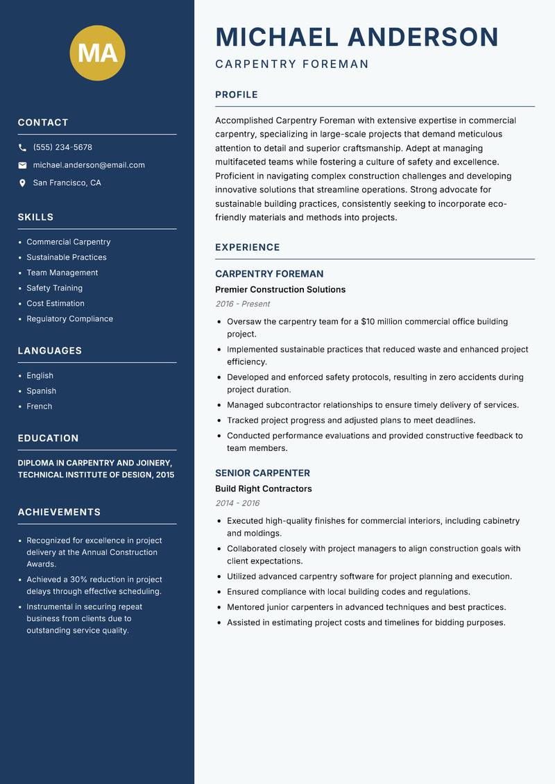 Carpentry Foreman resume template — Classic Clean