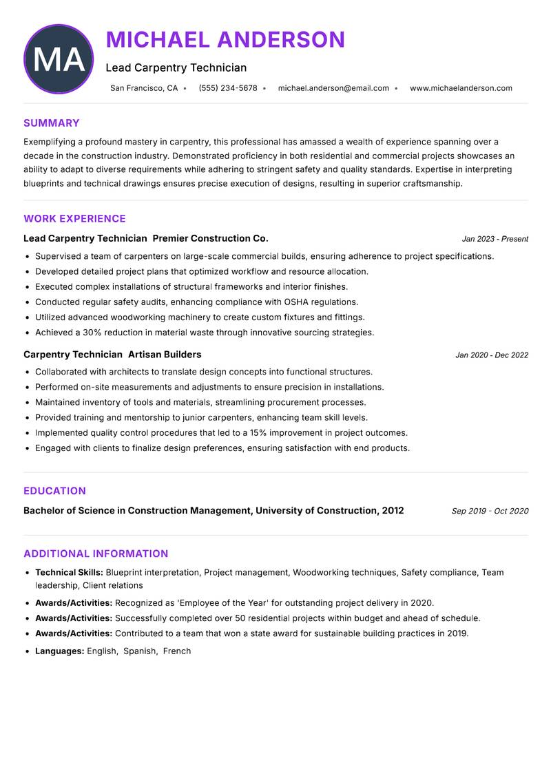 Carpentry Technician resume example — ATS-friendly template