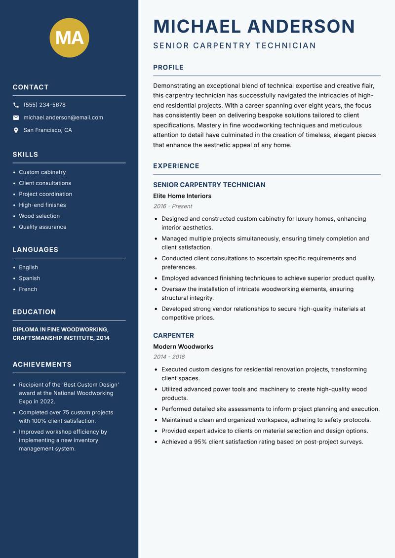 Carpentry Technician resume template — Classic Clean