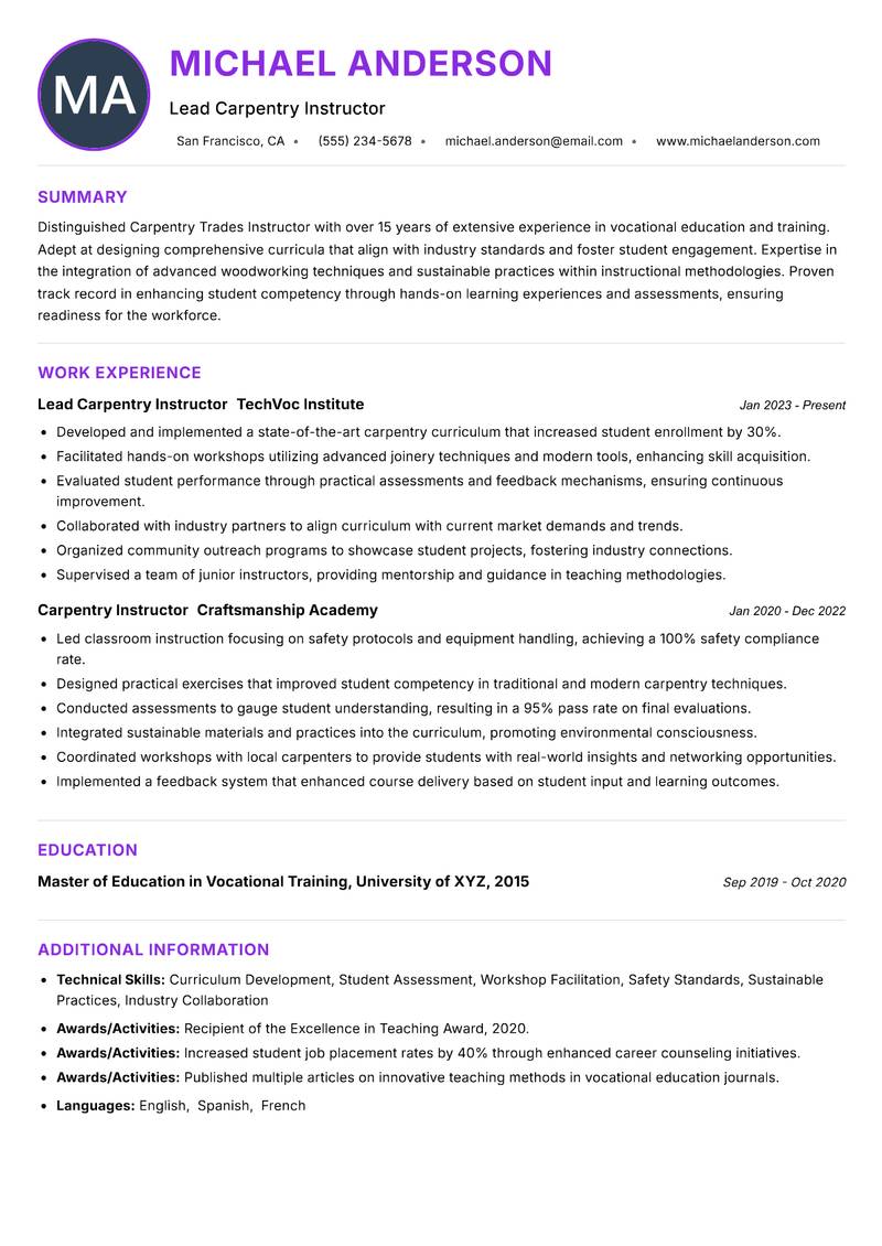 Carpentry Trades Instructor resume example — ATS-friendly template