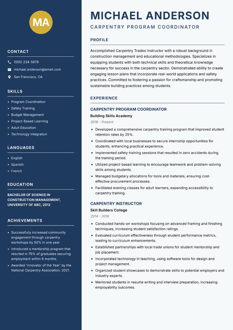 Carpentry Trades Instructor resume template — Classic Clean