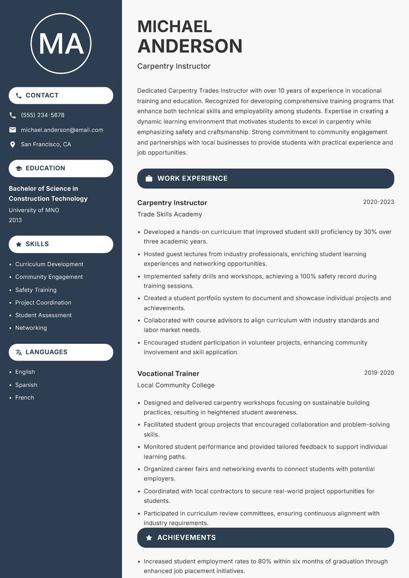 Carpentry Trades Instructor resume template — Compact