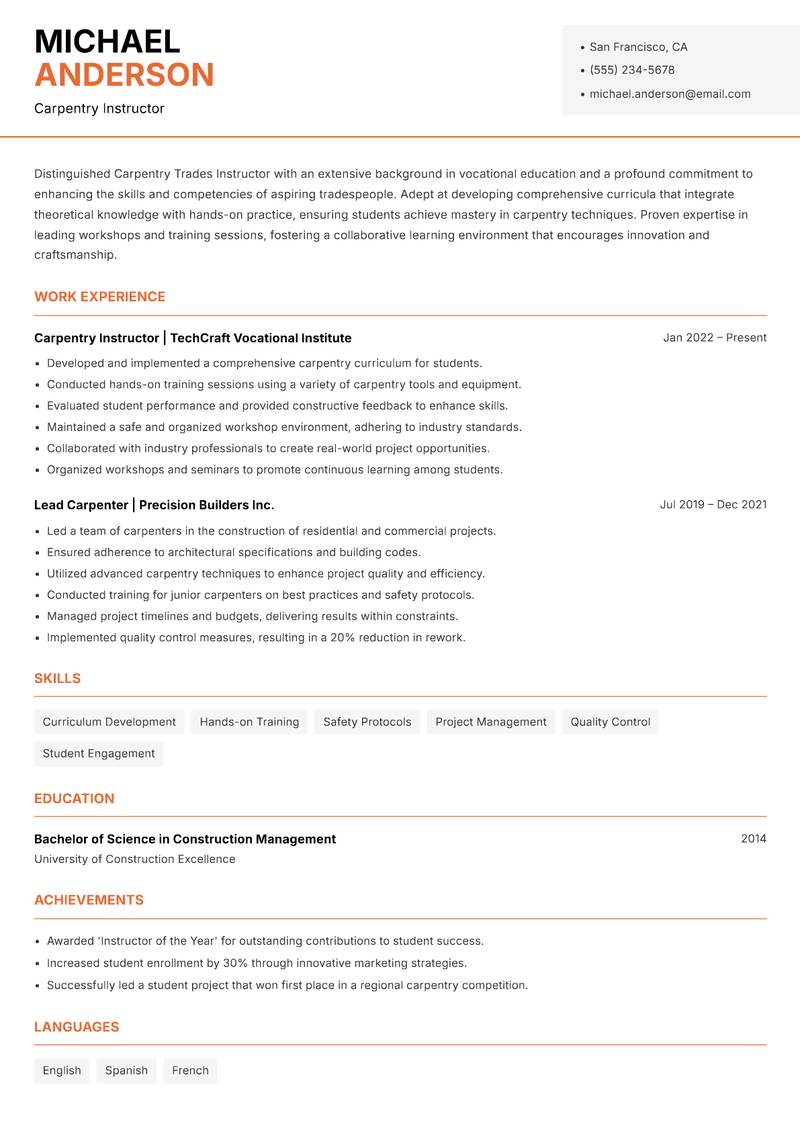 Carpentry Trades Instructor resume template — Modern Professional