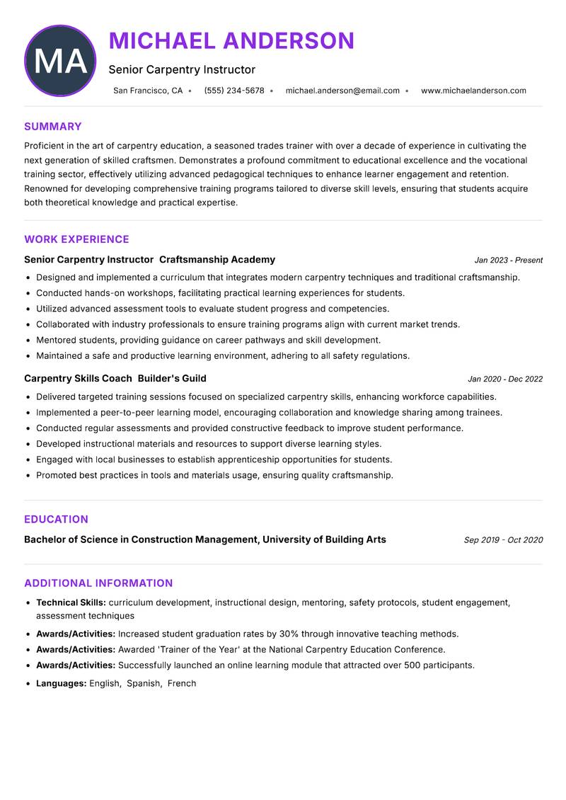 Carpentry Trades Trainer resume example — ATS-friendly template