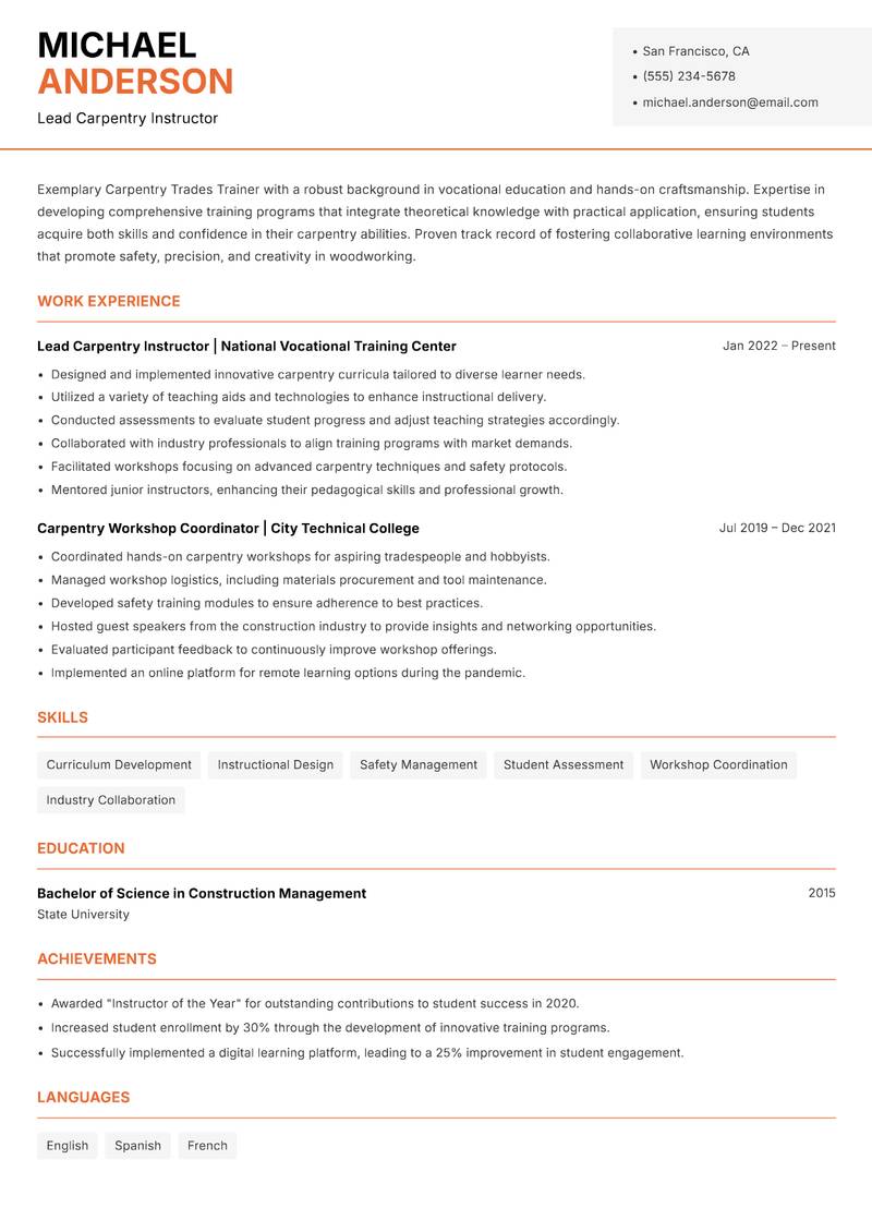 Carpentry Trades Trainer resume template — Modern Professional
