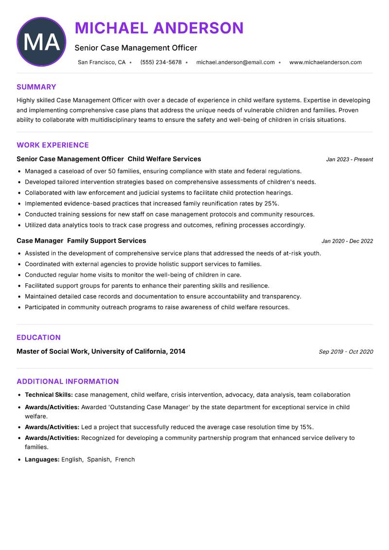Case Management Officer Child Welfare resume example — ATS-friendly template