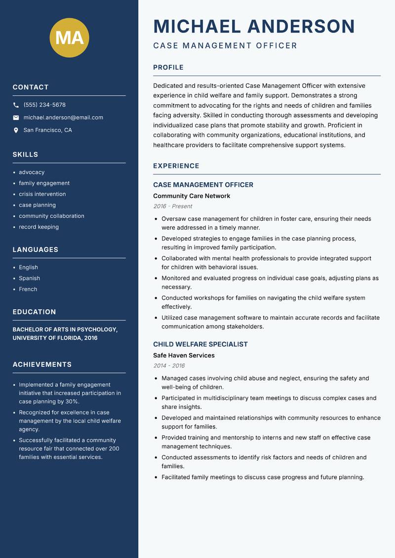 Case Management Officer Child Welfare resume template — Classic Clean