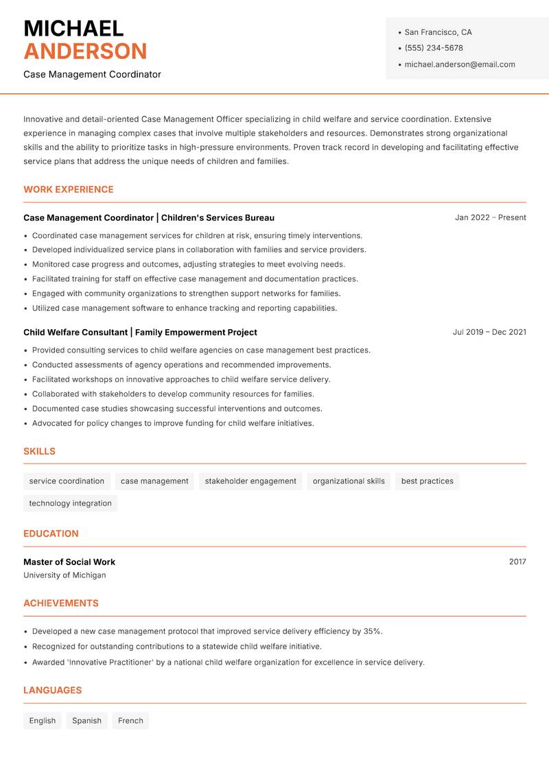 Case Management Officer Child Welfare resume template — Modern Professional