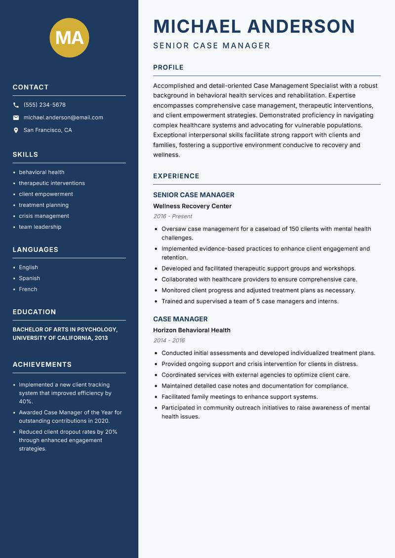 Case Management Specialist resume template — Classic Clean