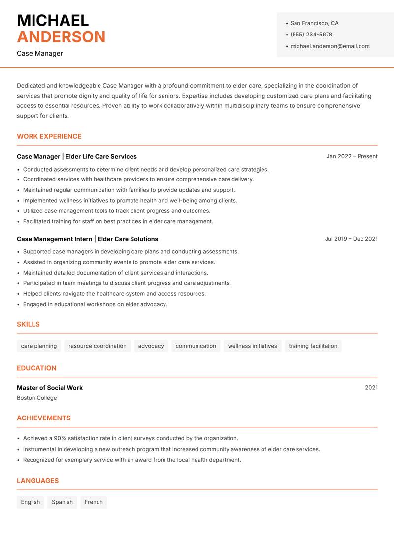 Case Manager Elder Care resume template — Modern Professional