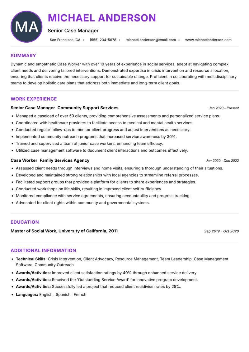 Case Worker resume example — ATS-friendly template