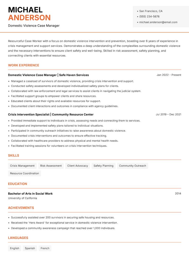 Case Worker resume template — Modern Professional