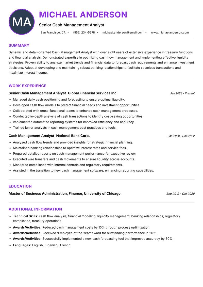Cash Management Analyst resume example — ATS-friendly template