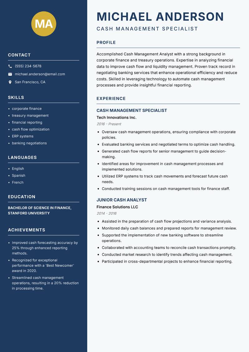 Cash Management Analyst resume template — Classic Clean