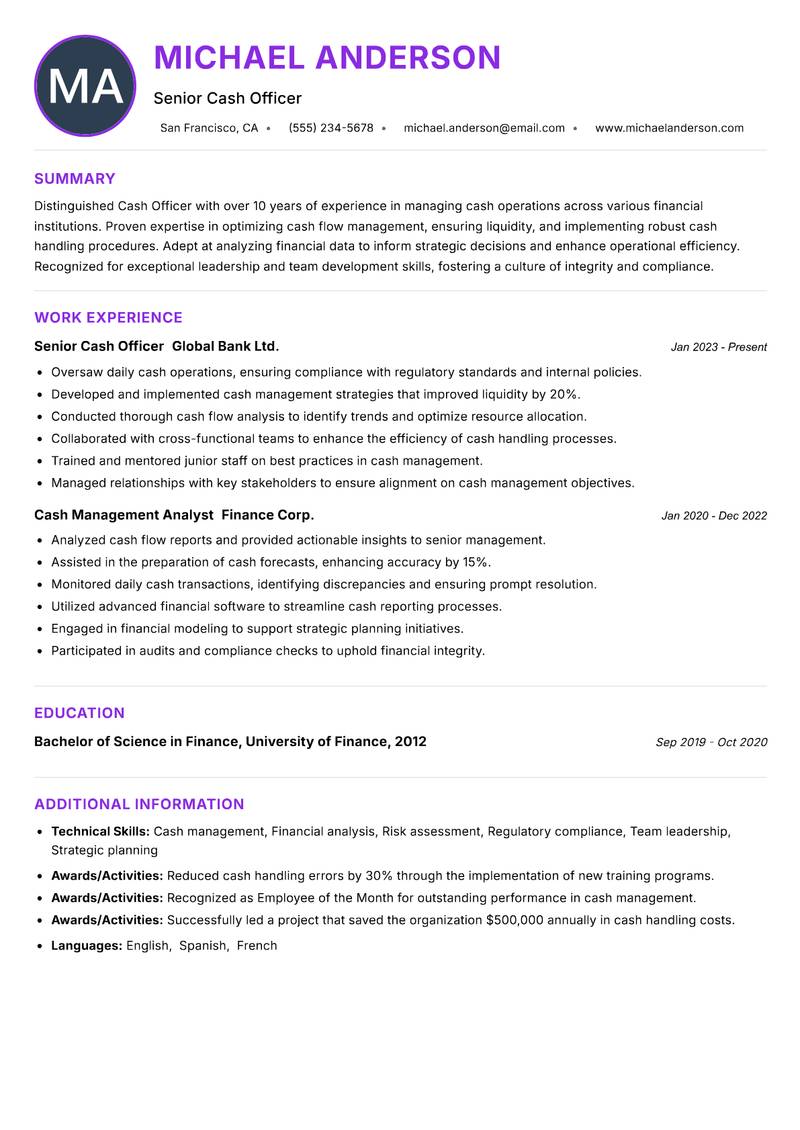 Cash Officer resume example — ATS-friendly template