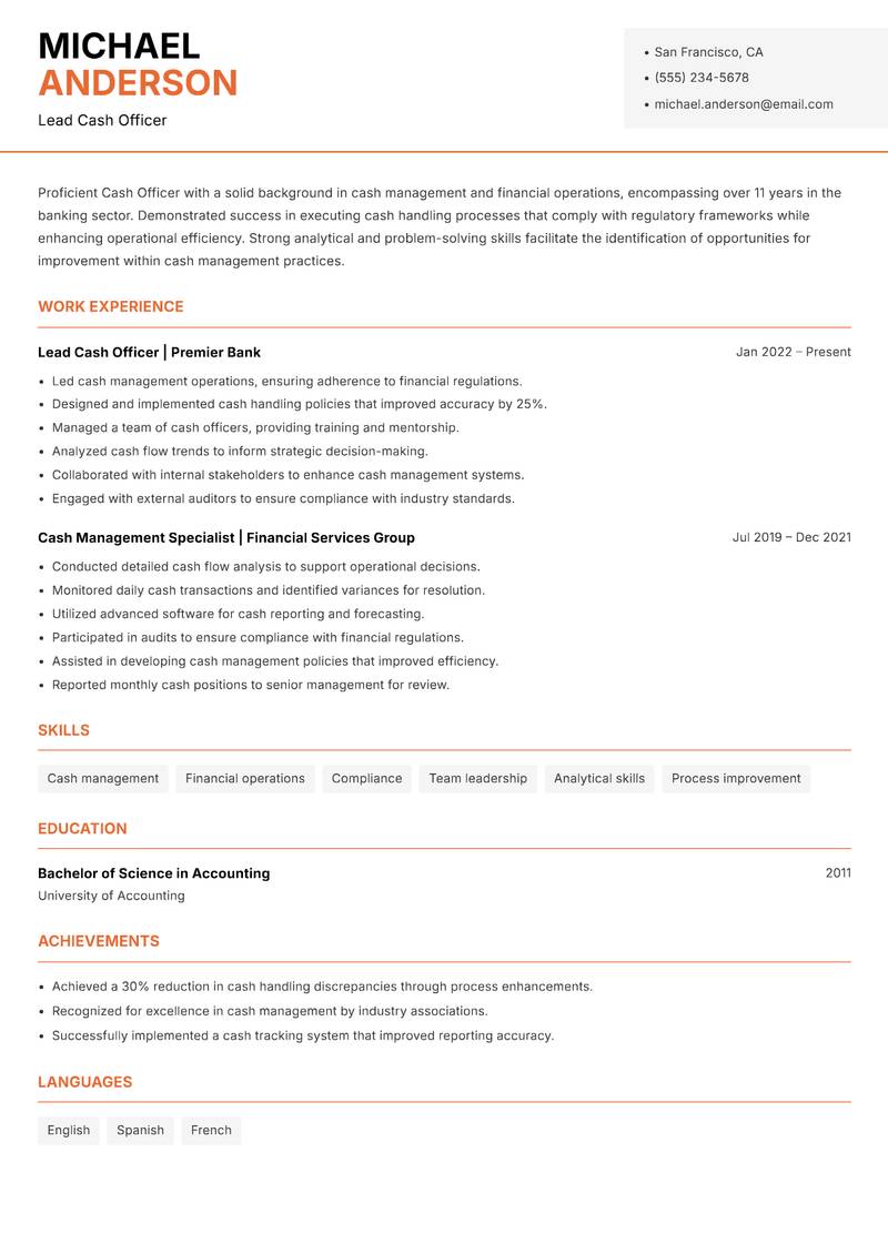Cash Officer resume template — Modern Professional