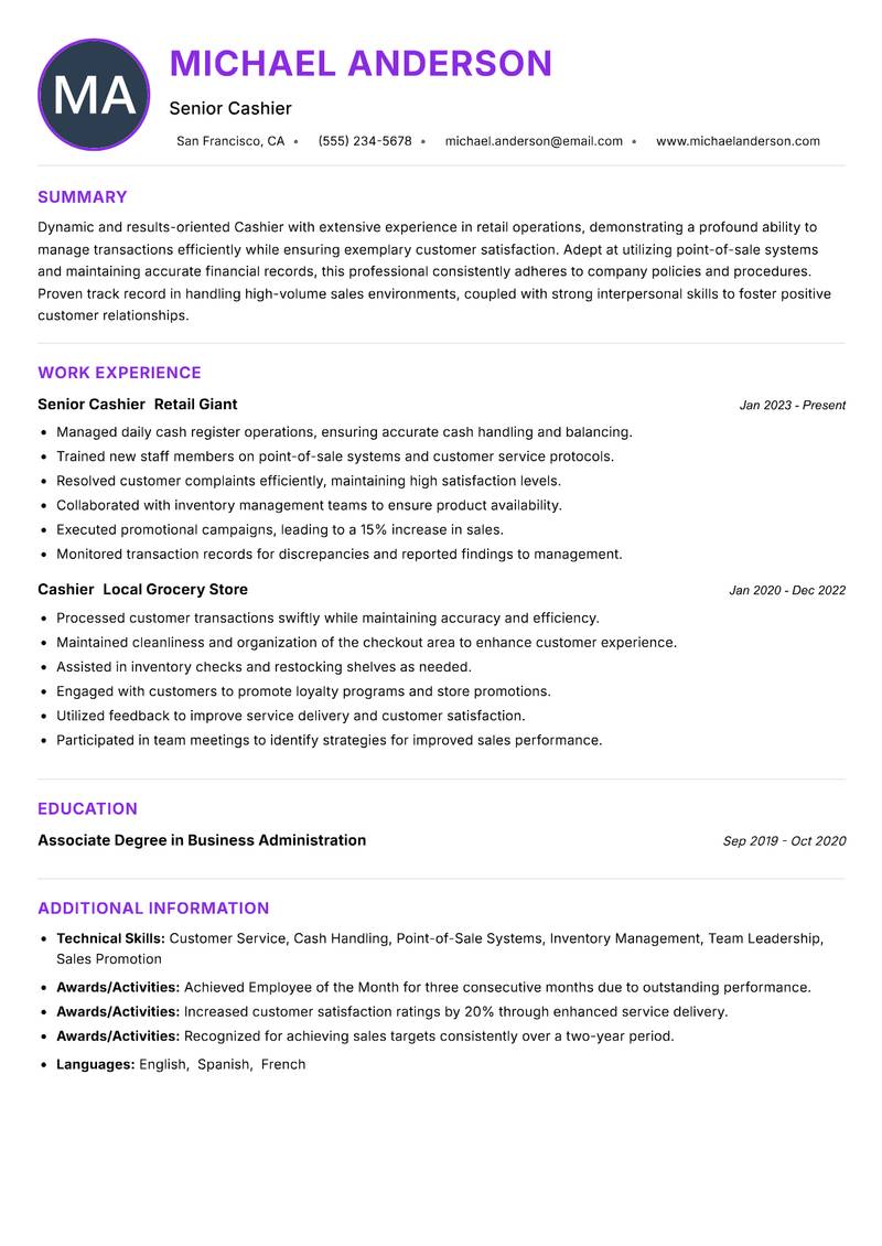 Cashier resume example — ATS-friendly template
