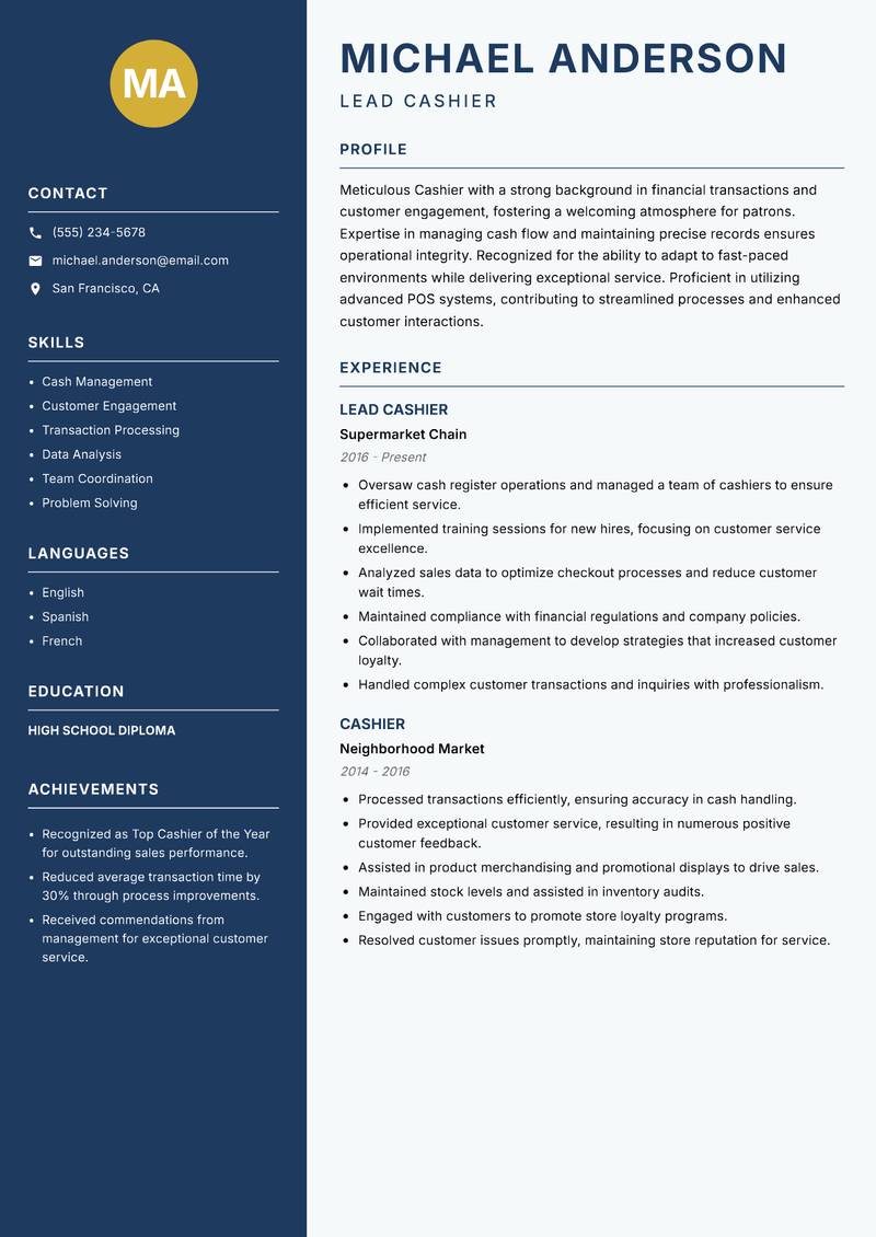 Cashier resume template — Classic Clean