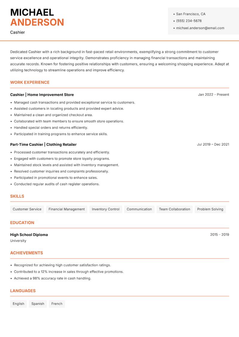 Cashier resume template — Modern Professional