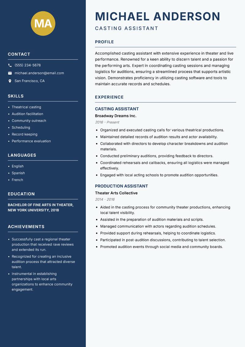 Casting Assistant resume template — Classic Clean