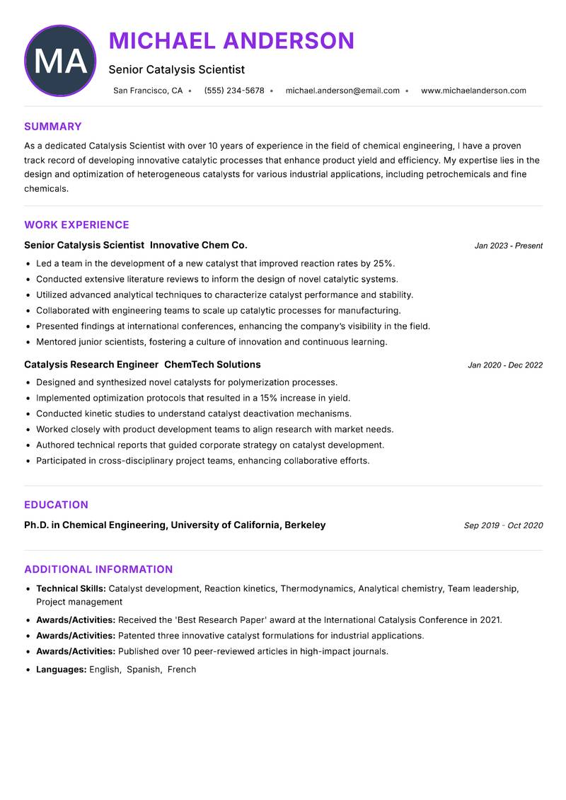 Catalysis Scientist resume example — ATS-friendly template