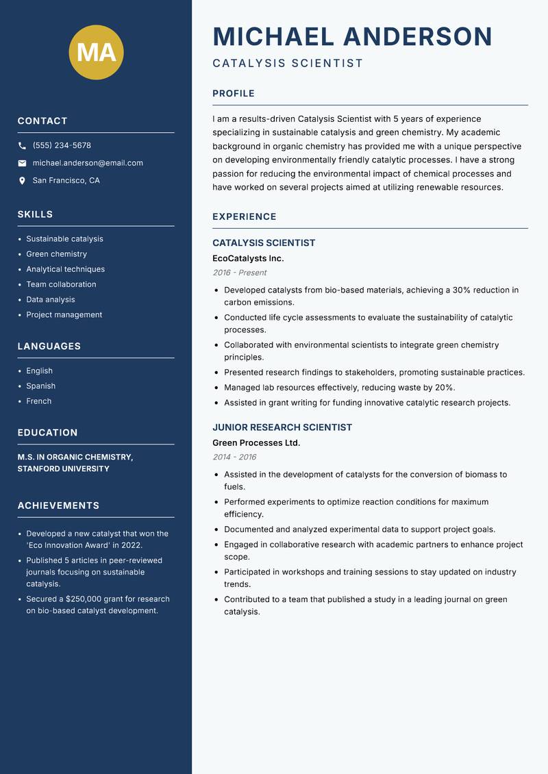 Catalysis Scientist resume template — Classic Clean