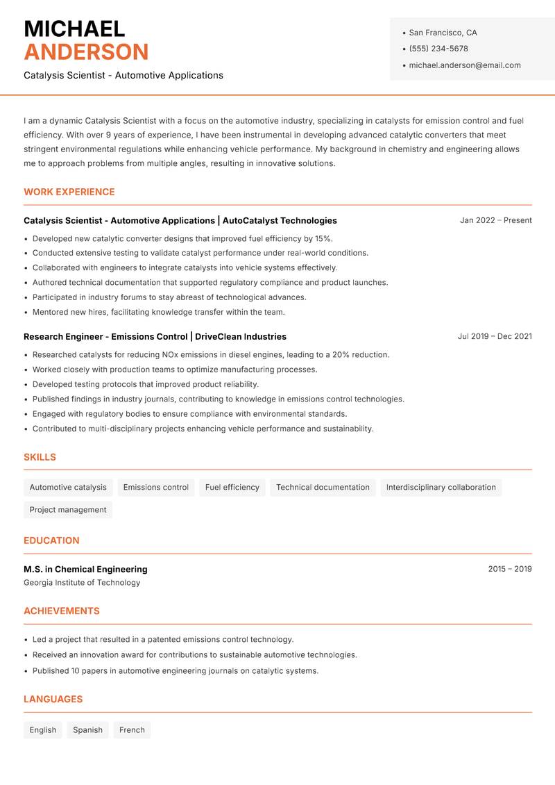 Catalysis Scientist resume template — Modern Professional