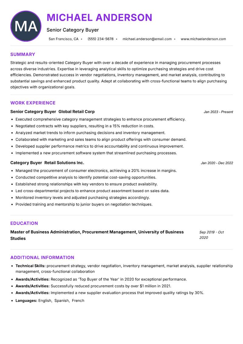 Category Buyer resume example — ATS-friendly template