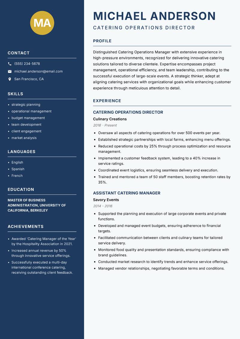 Catering Operations Manager resume template — Classic Clean