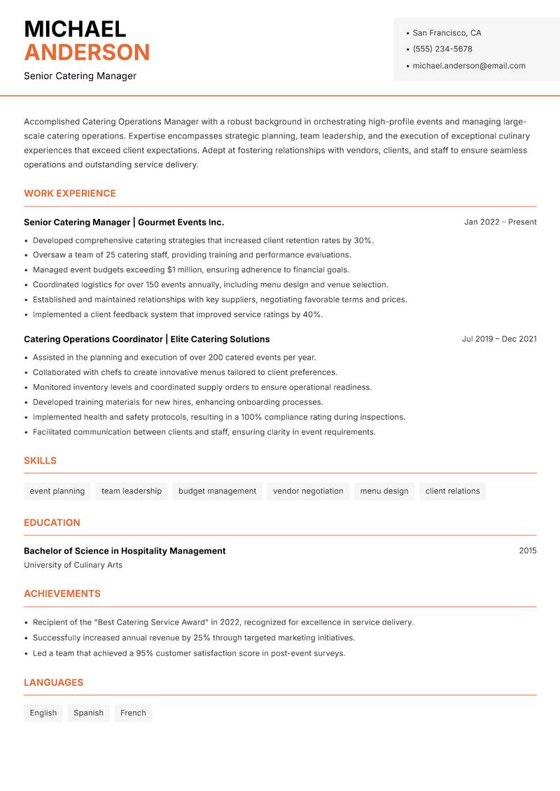 Catering Operations Manager resume template — Modern Professional