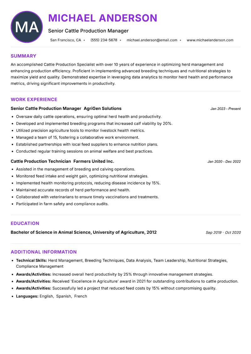 Cattle Production Specialist resume example — ATS-friendly template