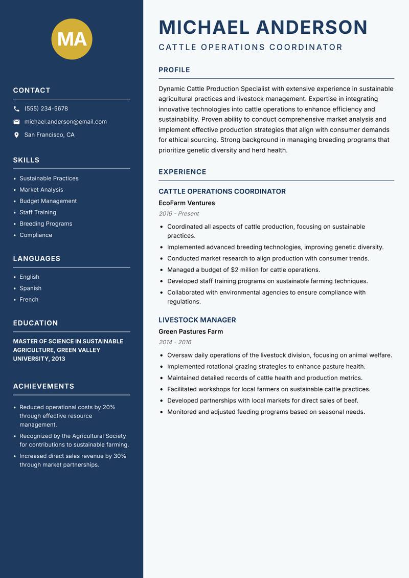 Cattle Production Specialist resume template — Classic Clean