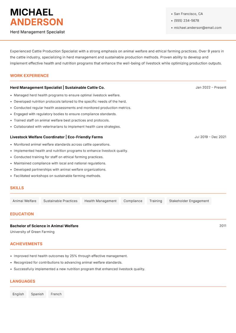 Cattle Production Specialist resume template — Modern Professional