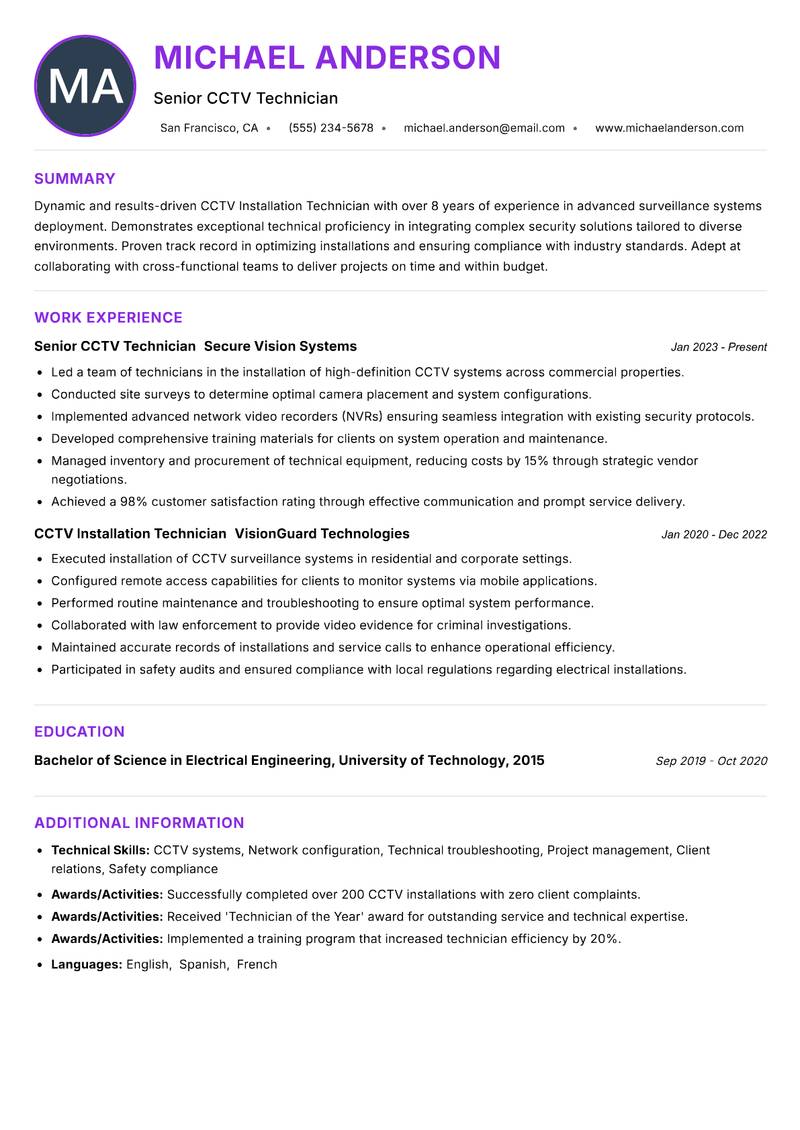 CCTV Installation Technician resume example — ATS-friendly template
