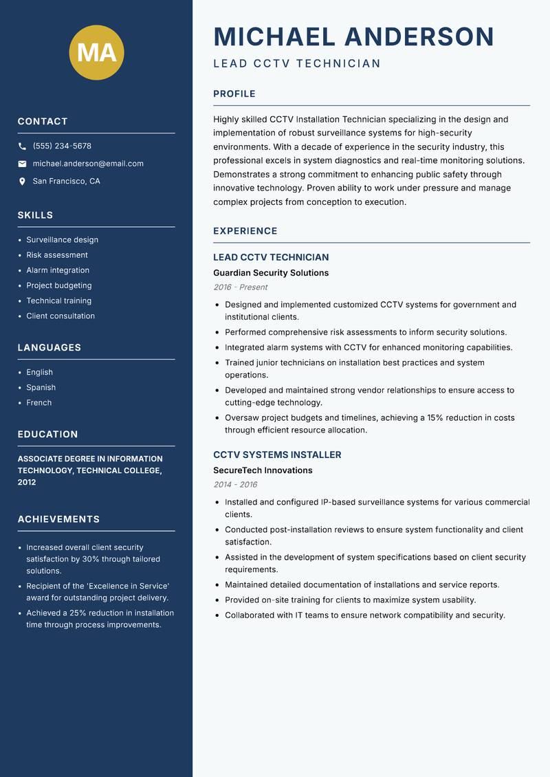 CCTV Installation Technician resume template — Classic Clean