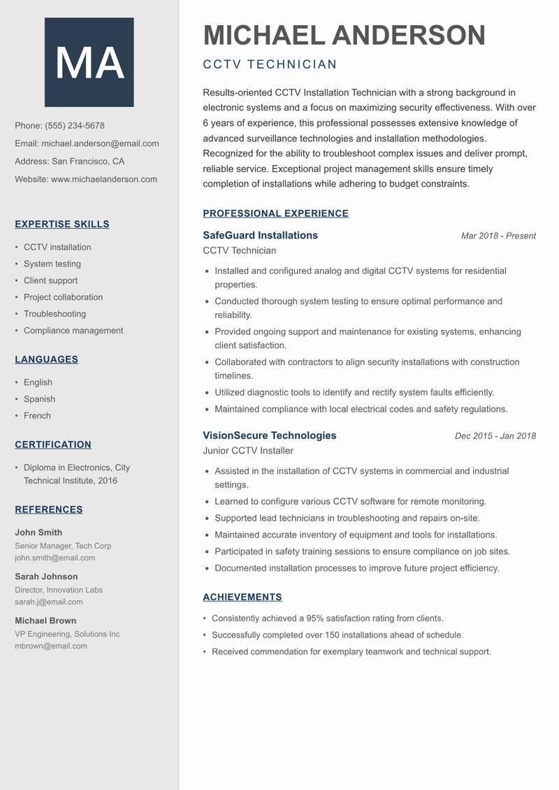 CCTV Installation Technician resume template — Creative Minimal