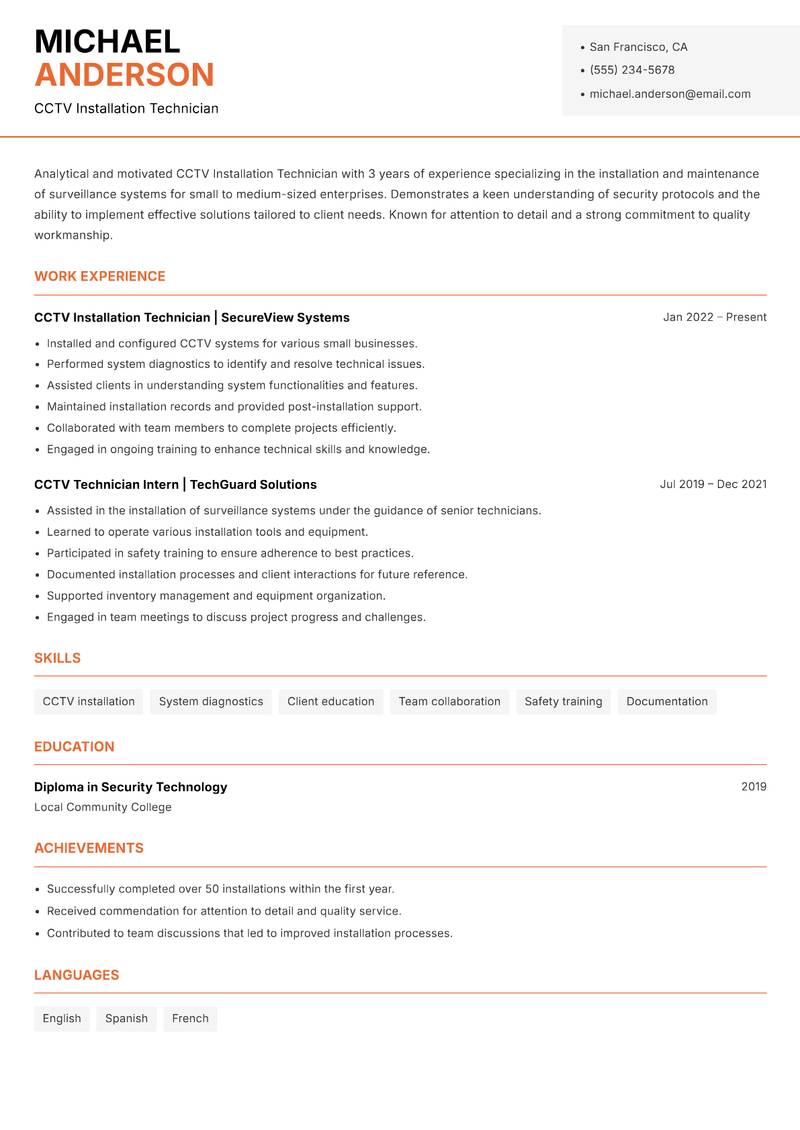CCTV Installation Technician resume template — Modern Professional