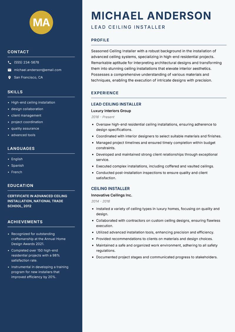 Ceiling Installer resume template — Classic Clean