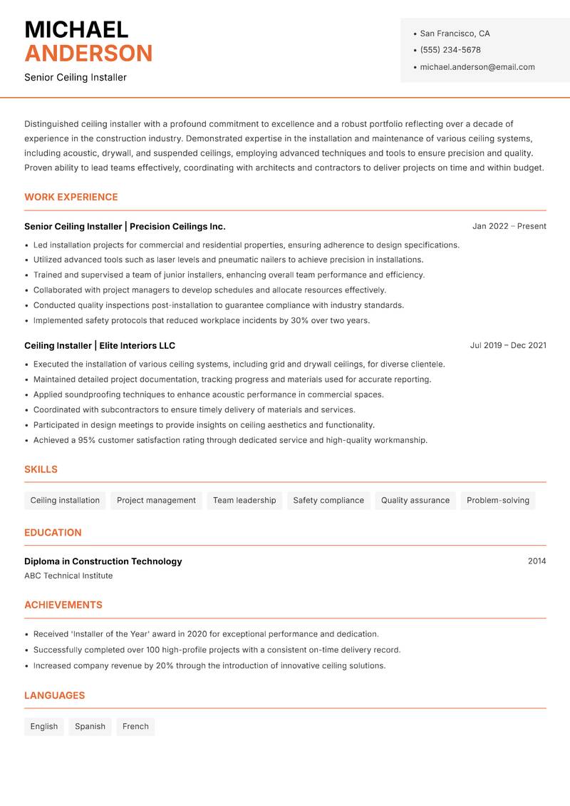 Ceiling Installer resume template — Modern Professional