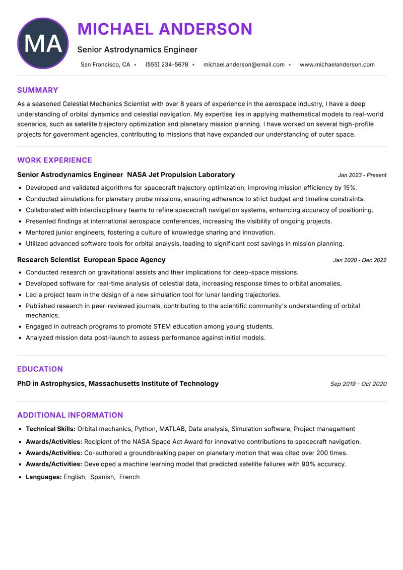 Celestial Mechanics Scientist resume example — ATS-friendly template
