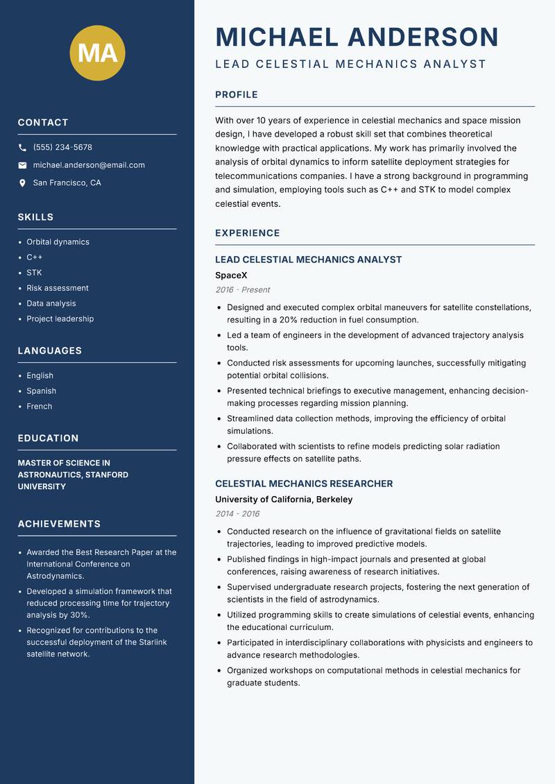 Celestial Mechanics Scientist resume template — Classic Clean