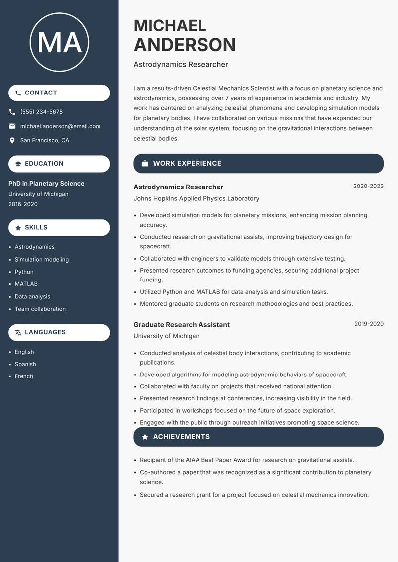 Celestial Mechanics Scientist resume template — Compact