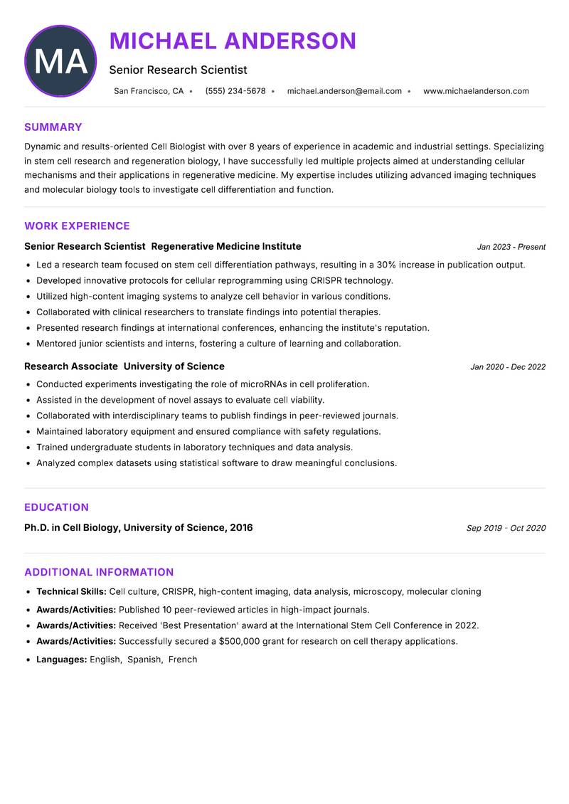 Cell Biologist resume example — ATS-friendly template