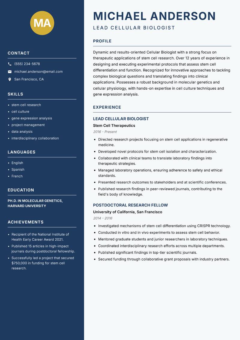 Cellular Biologist resume template — Classic Clean